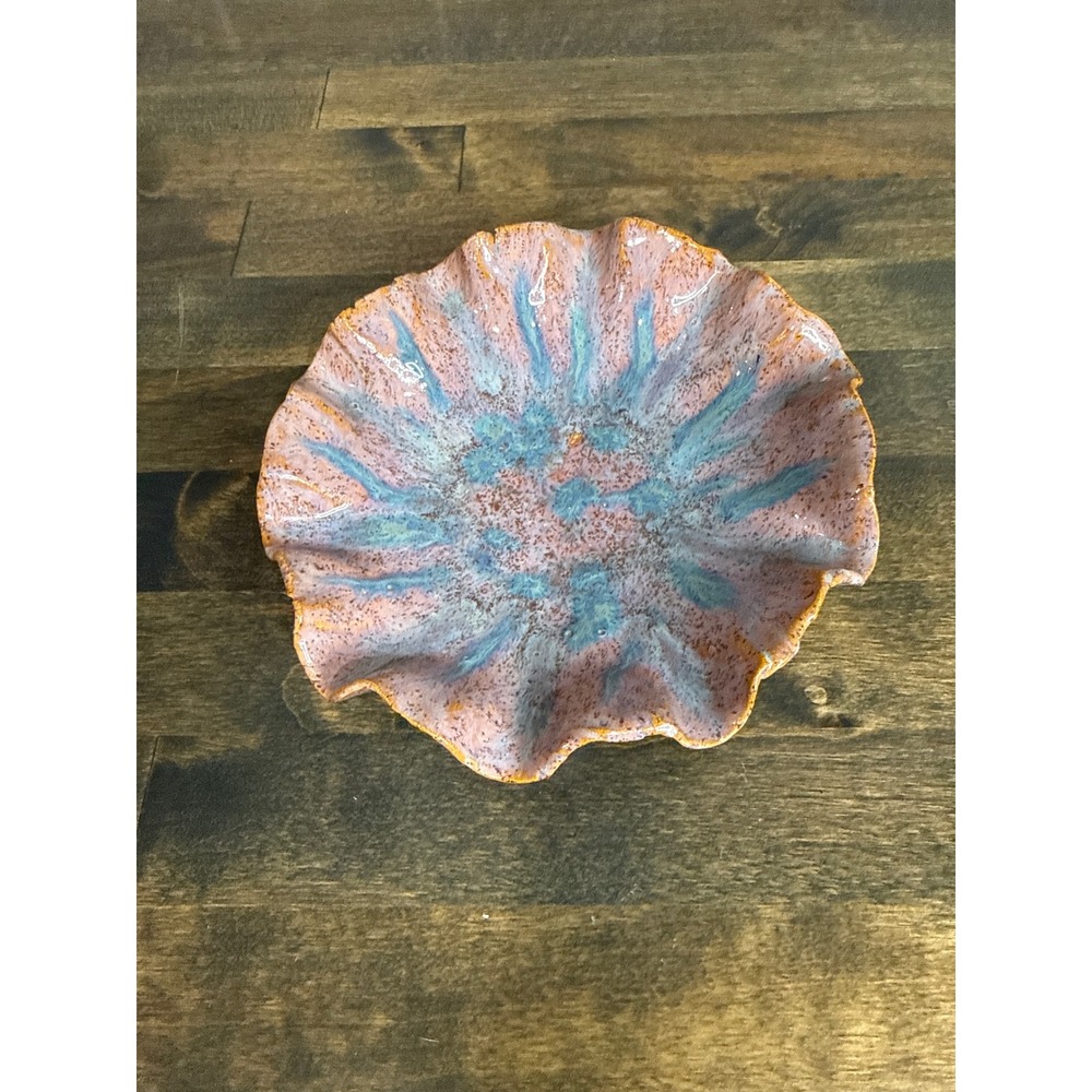Handmade Studio Pottery‎ Ruffled Edge Bowl Pink Blue Reactive Glaze 6.5"